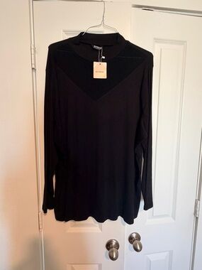 BloomChic Black Long-Sleeve Mock Neck Sheer front panel Top